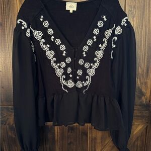 Elegant Black Blouse with White Embroidery